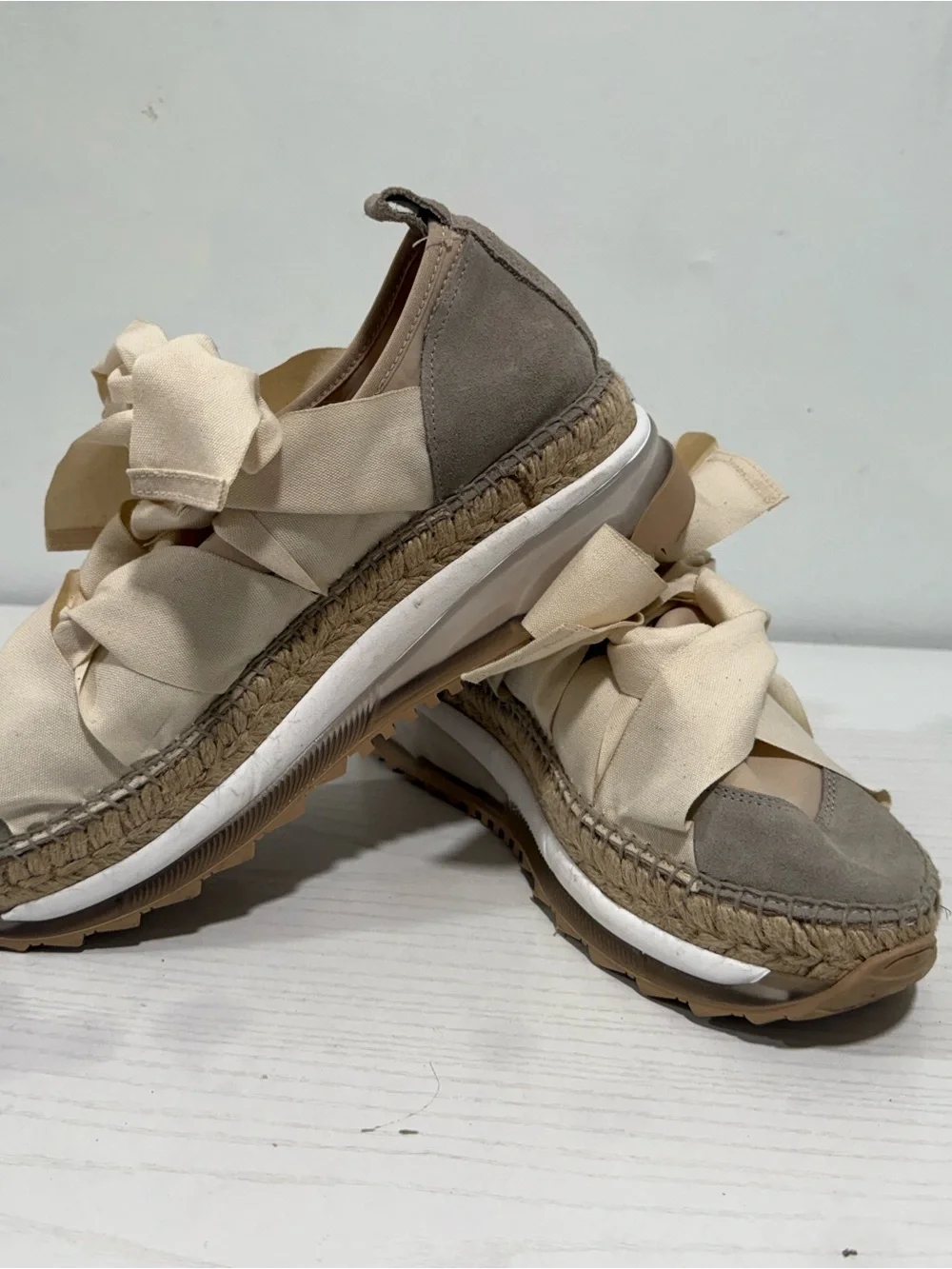 Free People Taupe Suede Espadrille Platform Sneakers with Cream Ribbon